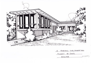 A black line drawing of a two story weatherboard mid-century L shaped house. Featuring floor to ceiling windows at the front, and a front lawn on the left.