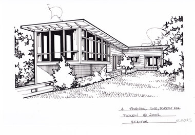 A black line drawing of a two story weatherboard mid-century L shaped house. Featuring floor to ceiling windows at the front, and a front lawn on the left.