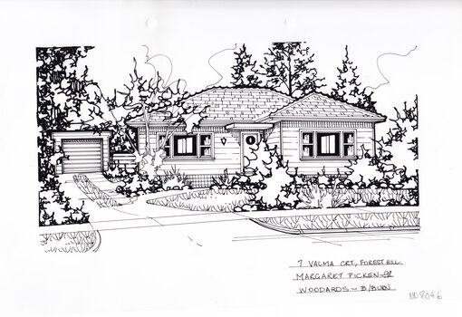 A black line drawing of a single story weatherboard house set back from a front lawn. On the left is a driveway leading to a separate garage
