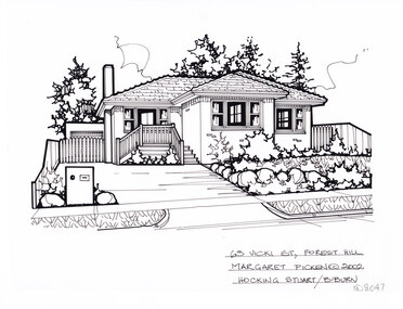 A black line drawing of a single story brick house with steps up the concealed doorway. On the left a driveway leads to a gated garage, on the right foreground is a front garden.