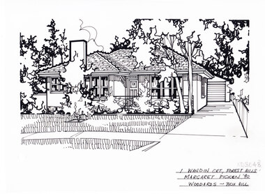 A black line drawing of a brick single story house with chimney set back from a front lawn with shrubs and trees. On the Right is a driveway leading to a separate garage.
