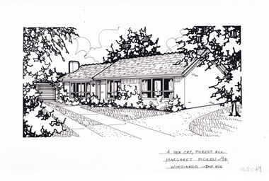 A black line drawing of a brick single story  house, with a driveway on the left leading to separate garage. off of the driveway are two paths, one past the front of the house and one up to the front door.