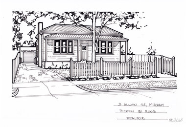 A black line drawing of a weatherboard cottage with corrugated roof and bullnose verandah, set back from a picket fence and front lawn with gumtree. To the left is a driveway leading to a detached garage