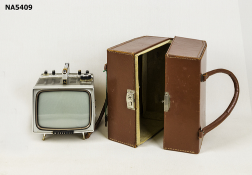 Small television set with case.