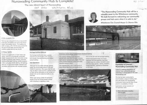 Nunawading Community Hub, opened in 2020,  incorporates the former 1926 Nunawading Primary School.