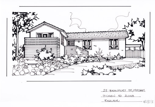 A black line drawing of a L shaped brick house, set back from a front garden with feature rocks,  and a winding driveway leading to a gate on the right.