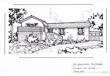 A black line drawing of a L shaped brick house, set back from a front garden with feature rocks,  and a winding driveway leading to a gate on the right.