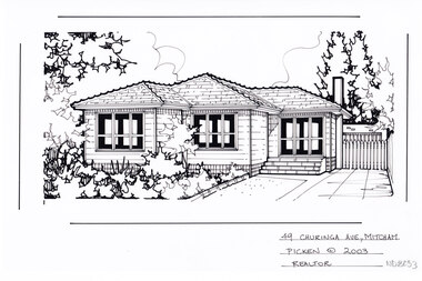 A black line drawing of a weatherboard house with tile roof. There is a driveway on the right, leading past a gate to a unconnected garage, and a front garden on the left.