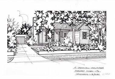A black line drawing of a weatherboard house with chimney. In the foreground on the right is a front yard with 3 threes, and bushes behind a low brick fence. On the left is a driveway leading to a garage in the background.