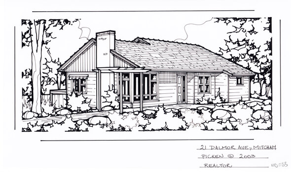 A black line drawing of a weatherboard house with chimney, in the foreground a rock boarded garden and path leading from the left to the front door.