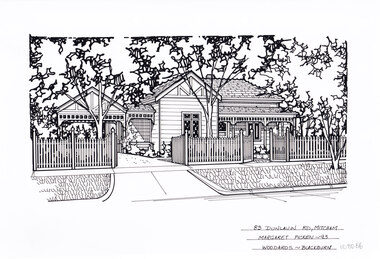 A black line drawing of a weatherboard house with fretwork details. In the foreground is a picket fence, and front yards with a couple of gumtrees.