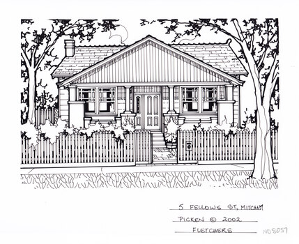 A black and white line drawing of a weatherboard Californian bungalow with gable roof, set back from a picket fence and front garden. With a path in the center leading to the front door.