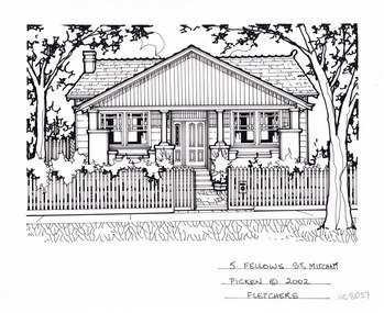 A black and white line drawing of a weatherboard Californian bungalow with gable roof, set back from a picket fence and front garden. With a path in the center leading to the front door.