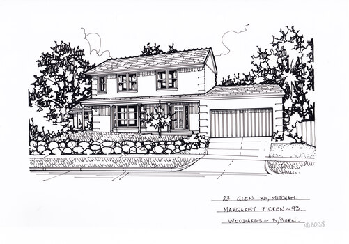 A black and white line drawing of of a two story brick houe with connected garage. There is a rock boarded front yard on the left and a driveway on the right in the foreground.