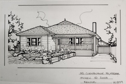 A black and white line drawing of a weatherboard house with bullnose verandah. to the right runs a driveway leading to a separate carport in the background. 