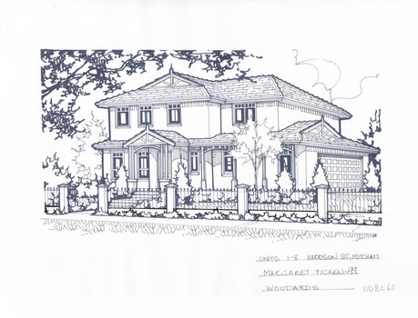 A black and white line drawing of a two story rendered house with incorporated garage on the right. Set back from a pillared wrought iron fence and landscaped front yard.