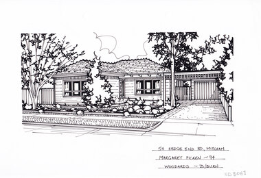 A black and white line drawing of a weatherboard house with front garden, and a carport and garage on the right.