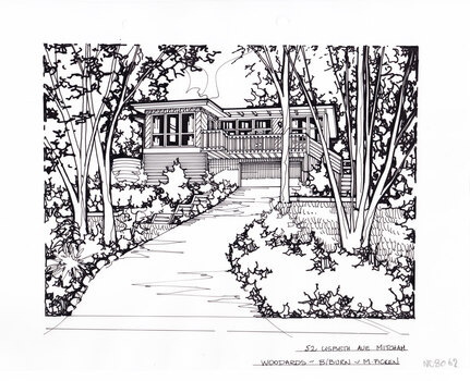 A black and white line drawing of a two story house with built in garage perched at the top of a steep driveway winding up from the centre foreground. There is garden either side, with gumtrees and shrubs..