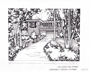 A black and white line drawing of a two story house with built in garage perched at the top of a steep driveway winding up from the centre foreground. There is garden either side, with gumtrees and shrubs..