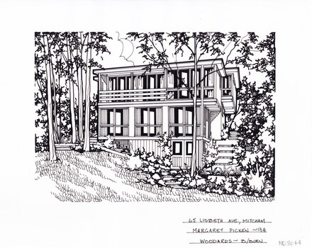 A black and white line drawing of a three story house made up of rectangular sections, staggard up a sloop. there is a set of stair up the sloop on the right of the house, and a lawn in the foreground, surrounded by encroaching vegetation. 