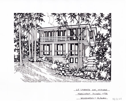 A black and white line drawing of a three story house made up of rectangular sections, staggered up a sloop. there is a set of stair up the sloop on the right of the house, and a lawn in the foreground, surrounded by encroaching vegetation. 