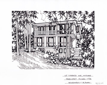 A black and white line drawing of a three story house made up of rectangular sections, staggered up a sloop. there is a set of stair up the sloop on the right of the house, and a lawn in the foreground, surrounded by encroaching vegetation. 