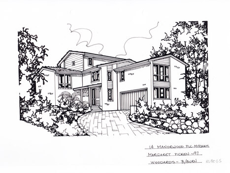 A black and white line drawing of a multi level brick  house with weatherboard feature at the windows. There is a driveway curving from the righthand side of the foreground up to a built in garage, with garden either side of the driveway.