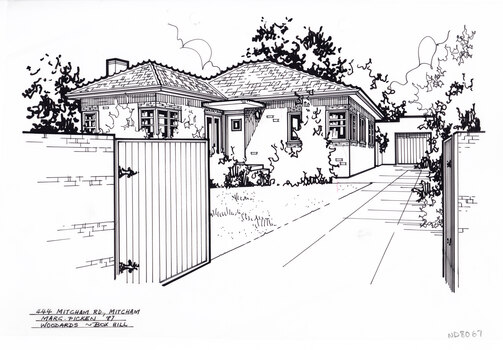 A black and white line drawing of a single story brickhouse, viewed from the gated driveway, which leads to a separate garage at the end of the driveway. on the left is a front lawn enclosed by the brick fence.