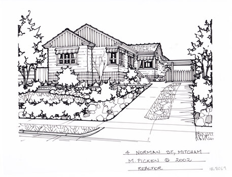 A black and white line drawing of a weatherboard house with striped retractable window awnings. On the right is a driveway leading to a connected carport in the background. On the right in front of the house is a front garden with shrubs, trees , and stone edgings.