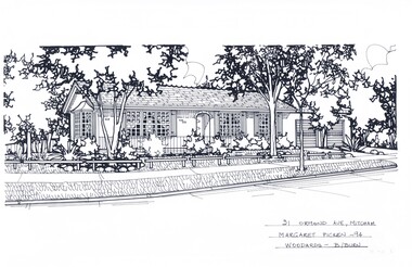 A black and white line drawing of a single story house with attached double garage on the right. With large colonial style windows, and a bay window on the left side wall. In front of the house is a front lawn with trees and garden beds, all set back from the pedestrian path.