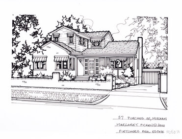 A black and white line drawing of a two story house, the first story is brick, while the second is weatherboard. There is an attached garage on the right, at the end of driveway. In the foreground is a brick fence, and front yard.