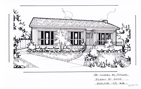 A black and white line drawing of a single story weatherboard house. A curving driving runs from the centre foreground to the left hand , branchign of on the left of the drivewas is a footpath to the front door