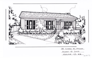 A black and white line drawing of a single story weatherboard house. A curving driving runs from the centre foreground to the left hand , branchign of on the left of the drivewas is a footpath to the front door
