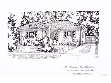 A black and white line drawing of a single story weatherboard house, with a driveway leading to a carport in the background. In front of the house is front lawn with a gumtree in the centre.