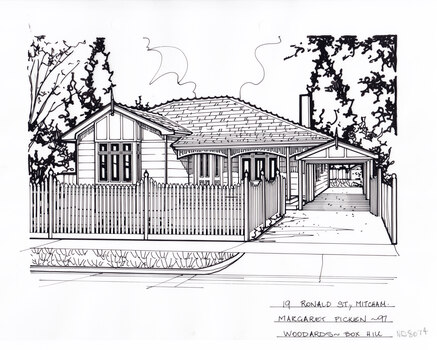 A black and white line drawing of a single story weatherboard house with a bay window and porch with decorative facia. To the right is a driveway leading to a carport running alongside the house. In the foreground is a picket fence enclosing a front yard.