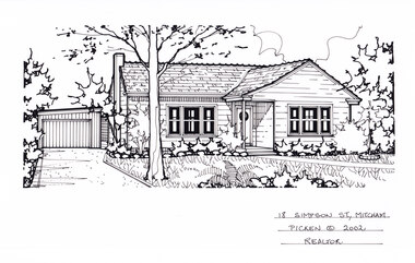 A black and white line drawing of a single story weatherboard house, on the left hand is a driveway leading to a separate garage. While in front of the house is a front lawn with garden beds and a large gumtree. There is a path leading from the left edge of the artwork to the front door.