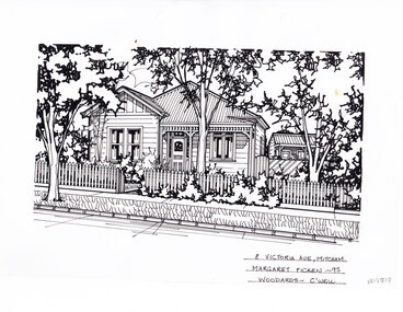 A black and white line drawing of a single story weatherboard cottage, with corrugated roof. In the foreground is a picket fence enclosing a heavily planted front yard. On the right a weatherboard 'cubby' can be seen over the garden fence.
