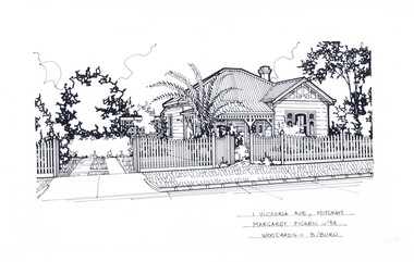 A black and white line drawing of a single story weatherboard house with tin roof, and porch with decorative facia. There is a driveway to the right, and a front yard enclosed by a picket fence.