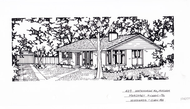 A black and white line drawing of a single story brick house with a driveway on the left leading to a separate garage, wit ha path branching of toward the front door.