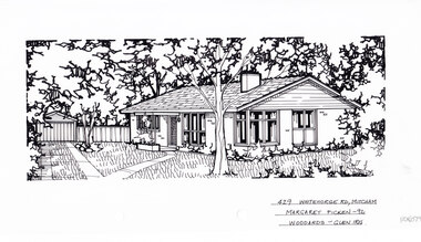 A black and white line drawing of a single story brick house with a driveway on the left leading to a separate garage, wit ha path branching of toward the front door.