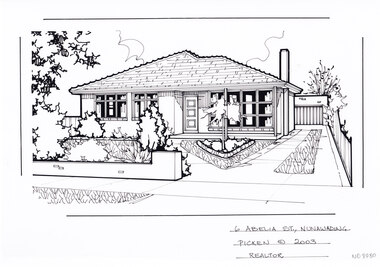 A black and white line drawing of single story brick house with a a driveway on the left leading to a separate garage. if front of the house is a front garden and low brick fence.