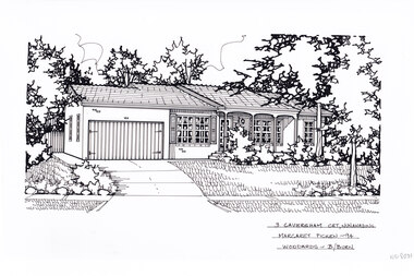 A black and white line drawing of a brick single story house with a multi arched patio over the front door. With a driveway on the left leading toa connected garage. On the right in front of the house is a lawn and garden beds.