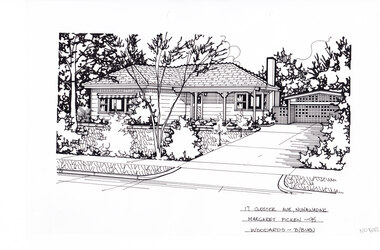 A black and white line drawing of a single story weather board house with a driveway on the right leading to a separate carport. In front of the house is a front garden with lawn, trees, and plant beds.