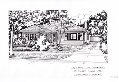 A black and white line drawing of a single story weatherboard house with a driveway on the right, leading to a separate garage in the background. In front of the house is a garden enclosed by a wooden fence.