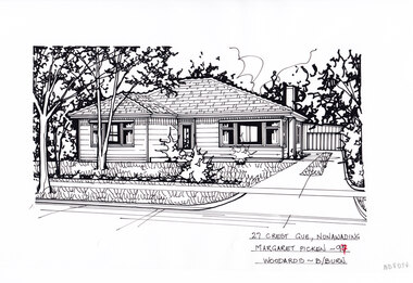 A black and white line drawing of a single story weatherboard house with a driveway on the right leading to a separate garage in the background. In front of the house is a front lawn with a tree and shrubs.