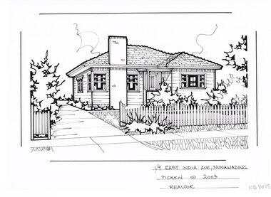 A black and white line drawing of a single story weatherboard house, with a front facing chimney . To the left is a driveway and on the right is a picket fence enclosing a front lawn with garden bed around the edges.
