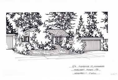 A black and white line drawing of a single story brick house with a path leading to the front door, from the public footpath. To the right is the separate garage. Trees and shrubs grow in garden beds in front of the buildings and  in the background, while in front of the house is a front lawn.