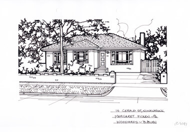 A black and white line drawing of a single story brick house with a driveway on right leading to a picket gate. On the left is a low brick fence enclosing a front garden with a central gumtree.
