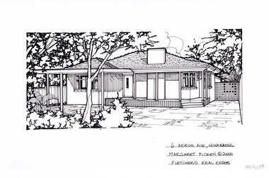 A black and white line drawing of a single story brick house with a veranda extending into a connected carport in front of the house. A driveway runs along the righthand side and curves into the carport. In the left side foreground is a lush garden bed.