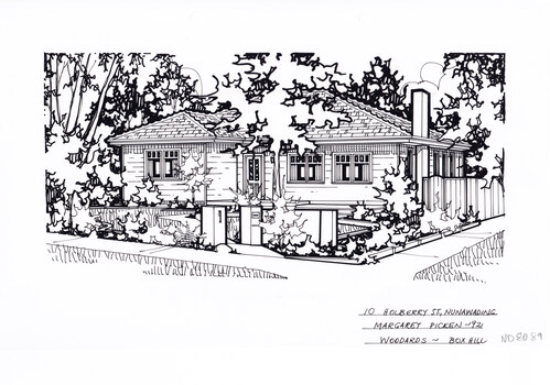 A black and white line drawing of a right hand side corner block single story weatherboard house with a footpath from the corner leading to the front door. At the start of the path are two pillars, one serving as a letterbox. The front yard is edged with garden beds.